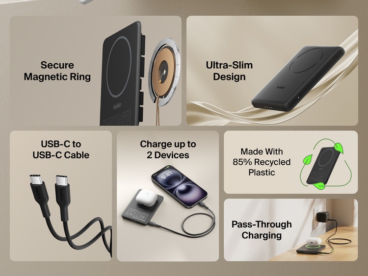 Belkin BoostCharge Slim Magnetic Power Bank 5K shown highlighting key features including secure magnetic ring, ultra-slim design, USB-C to USB-C cable, dual device charging, recycled materials, and pass-through charging capability.