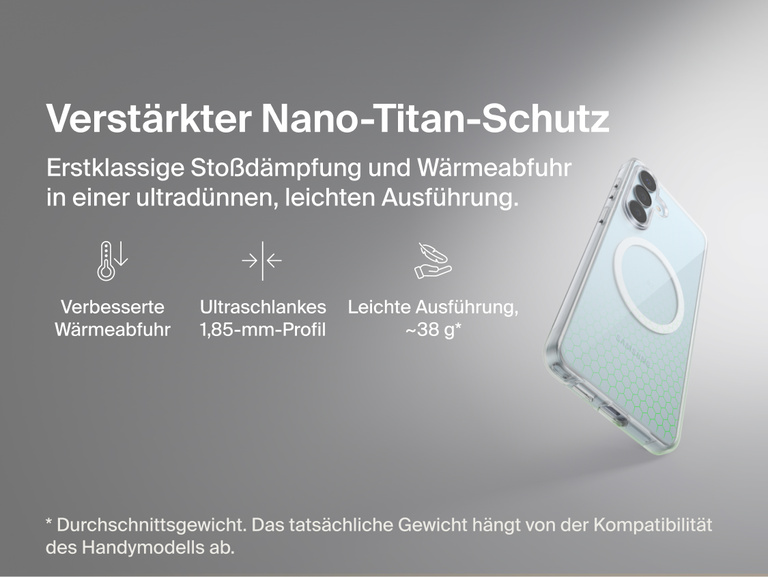 Belkin SheerForce Clear Series Case for Samsung Galaxy S26 shown in close-up, highlighting reinforced Nano-Titan protection with shock absorption, heat dissipation, ultra-slim 1.85 mm profile, and lightweight protective design.