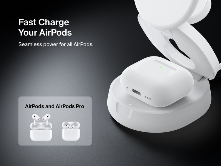 Belkin BoostCharge 3-in-1 Compact Magnetic Charging Stand shown wirelessly charging AirPods, with seamless power support for all AirPods and AirPods Pro models.