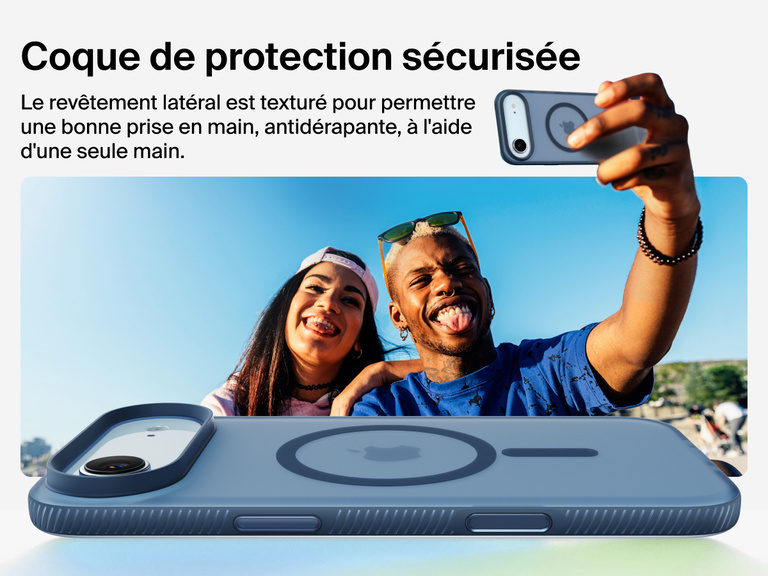 Belkin SheerForce Grip Series Case for iPhone 17 with military-grade drop protection and textured non-slip grip.