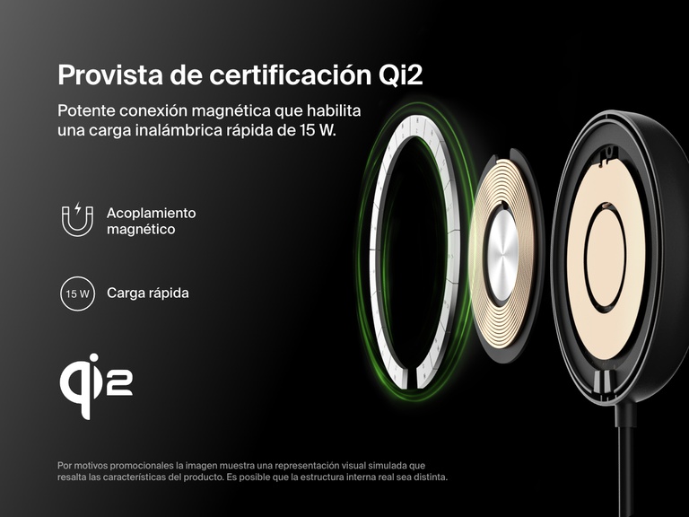 Imagen con vista en despiece de la base magnética de carga inalámbrica con Qi2 de 15 W BoostCharge Pro de Belkin en la que se muestran sus componentes internos y se hace hincapié en su certificación Qi2, capacidad de carga rápida de 15 W y el sólido acoplamiento magnético.