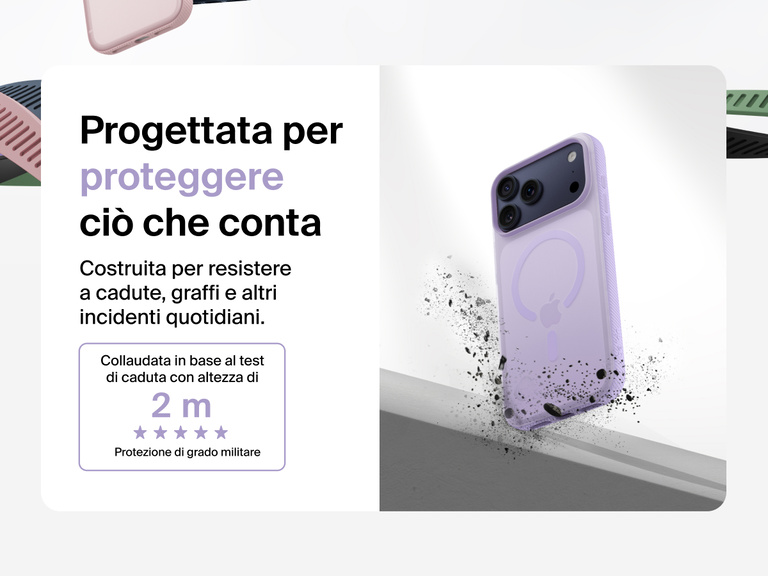 Belkin SheerForce Grip Series Case for iPhone 17 shown with textured grip and impact protection against drops.