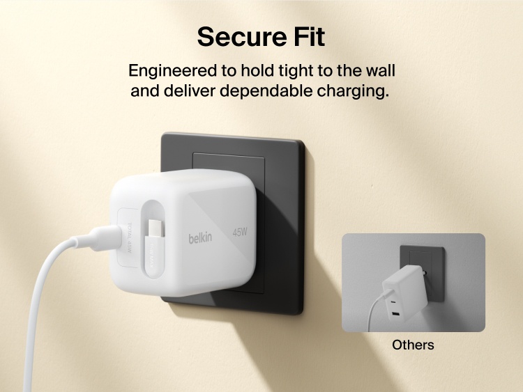 Belkin UltraCharge 45W retractable GaN wall charger plugged securely into wall outlet with stable fit and reliable fast charging performance
