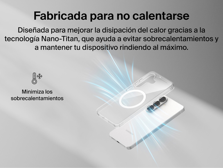 Belkin SheerForce Clear Series Case for Samsung Galaxy S26 shown with Nano-Titan technology supporting heat dissipation to minimize overheating while maintaining a slim, lightweight protective design.