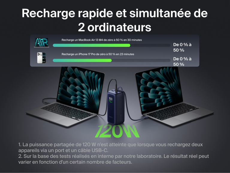 Image d'ne batterie externe 22K UltraCharge avec c&acirc;ble r&eacute;tractable pr&eacute;sent&eacute;e avec son bo&icirc;tier ouvert, laissant appara&icirc;tre les cellules de batterie internes et mettant en avant sa capacit&eacute; de 22&nbsp;000&nbsp;mAh offrant plusieurs recharges d'ordinateurs portables et de t&eacute;l&eacute;phones.