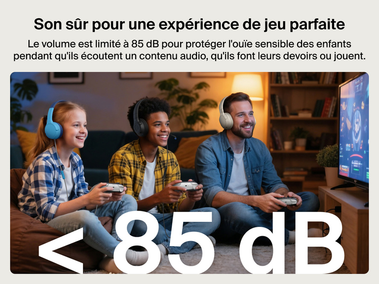 Des enfants portant un casque audio filaire Belkin Gaming Inspire pour enfants compatible Nintendo Switch 2, en train de jouer ensemble, avec en avant-plan du texte mettant en avant la fonction de volume limité à 85 dB.