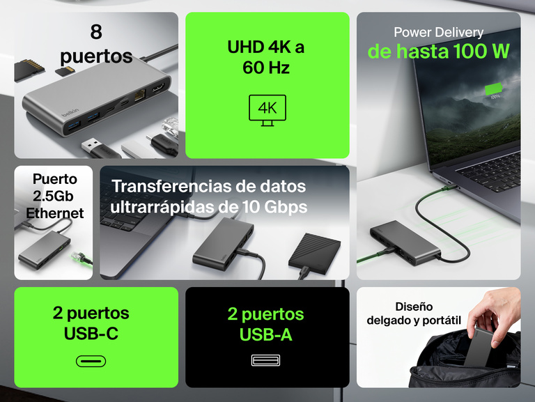 Se muestra el hub USB-C de 8 puertos con 2.5Gb Ethernet de Belkin sobre un escritorio, resaltando su función de carga Power Delivery de 100 W, las transferencias de datos 10 Gbps, la compatibilidad con vídeo en UHD 4K a 60 Hz y su diseño portátil y delgado incluye múltiples puertos USB-C, USB-A y Ethernet para una conectividad más amplia. 
