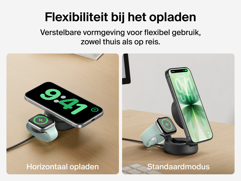 De Belkin UltraCharge Pro 2-in-1 verstelbare magnetische lader met Qi2 25W kan als horizontaal laadoppervlak gebruikt worden en uitgeklapt worden voor opladen in de standaard-modus, en is geschikt voor het snel draadloos opladen van een smartphone en een Apple Watch, zowel thuis als op reis.