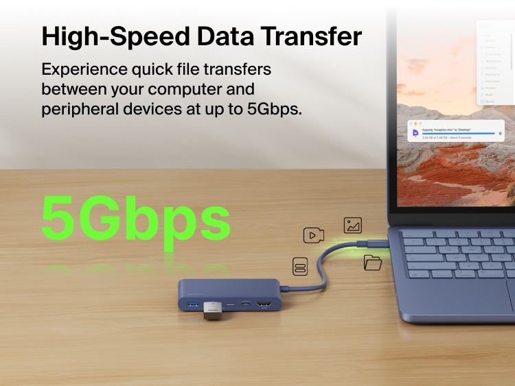 Belkin Connect 5-Port USB-C Hub with Dual USB-C Ports enables high-speed data transfer up to 5Gbps between laptop and connected devices.