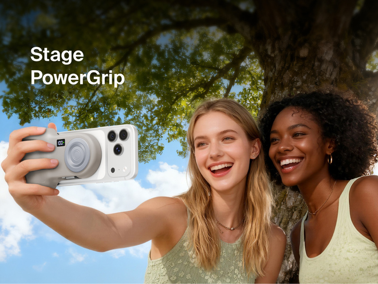 Belkin Stage PowerGrip portable wireless charger in black, white, and blue variants displayed against a light gradient background, each showing a digital battery indicator.