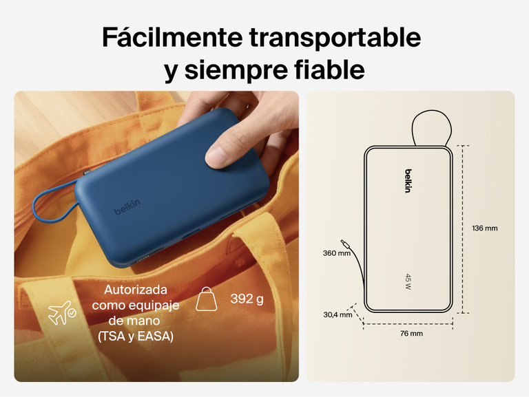 Belkin UltraCharge 20K 45W power bank with integrated cable designed for portable, TSA-approved travel with compact size and reliable on-the-go charging