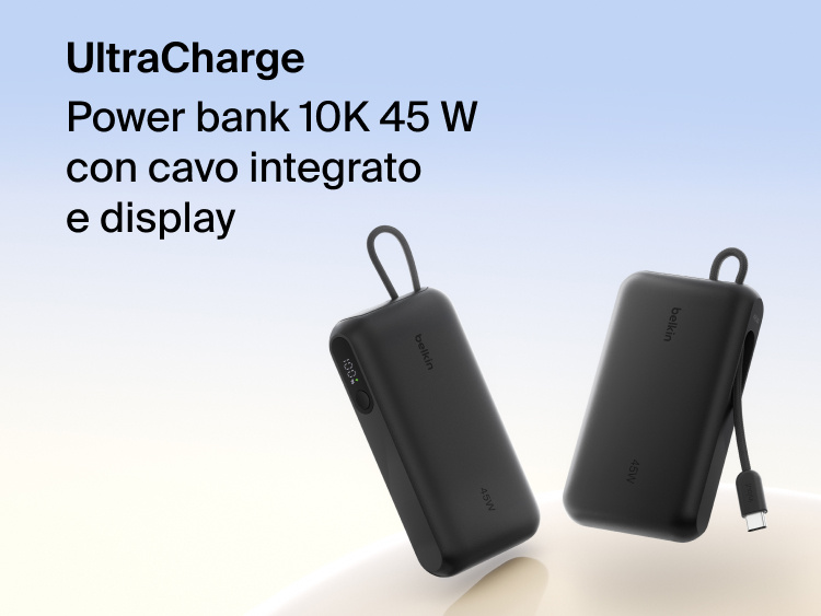 Belkin UltraCharge 10K 45W power bank with integrated cable and digital display showing battery level, designed for fast portable charging.