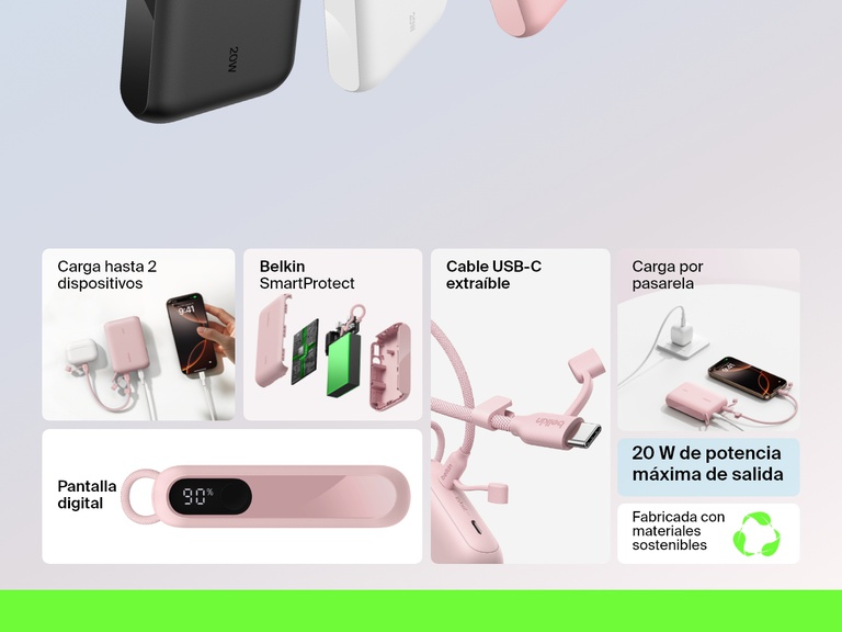 Infografía en la que se ilustran características principales de la batería externa 10K con pantalla BoostCharge de Belkin, como los 20 W de potencia de salida, la carga para dos dispositivos, la pantalla digital con información sobre la capacidad restante, el cable USB-C extraíble, la carga por pasarela, el estándar Belkin SmartProtect y los materiales sostenibles.