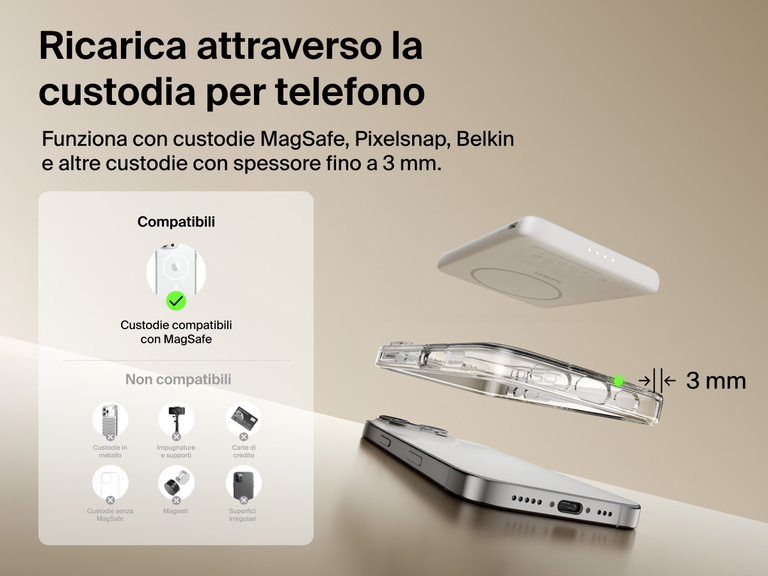 Belkin BoostCharge Slim Magnetic Power Bank 5K shown aligning with a smartphone and MagSafe-compatible case, demonstrating wireless charging through cases up to 3mm thick.