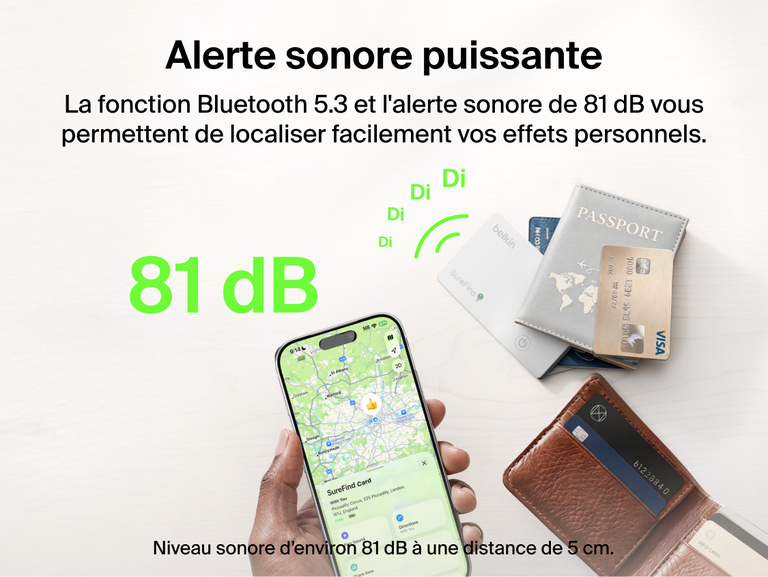Image de la carte Belkin&nbsp;SureFind qui utilise le Bluetooth&nbsp;5.3 et qui &eacute;met une alerte sonore de 81&nbsp;dB pour permettre &agrave; l'utilisateur de g&eacute;olocaliser ses biens personnels comme un portefeuille ou un passeport.