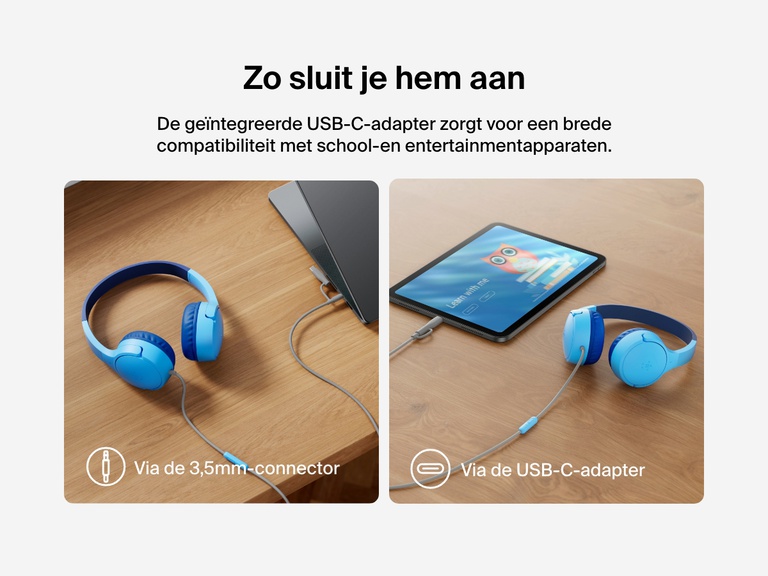 Side-by-side images showing Belkin Wired On-Ear Headphones for Kids connected to a laptop via 3.5mm audio jack and to a tablet via USB-C, demonstrating broad device compatibility.