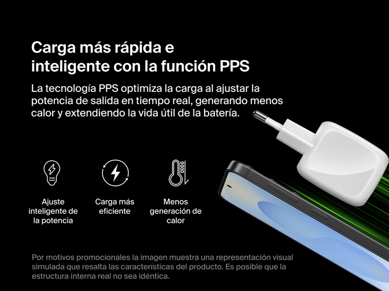El cargador de pared doble USB-C GaN de 50 W Belkin BoostCharge Pro con tecnología PPS ofrece ajuste inteligente de la potencia, mayor eficiencia de carga, reducción del calor y una vida útil de la batería más extensa.