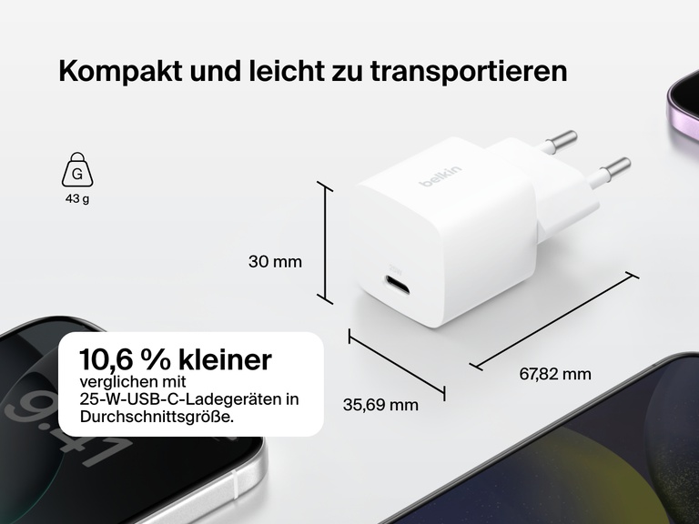 Belkin BoostCharge USB-C Wall Charger 25W shown with foldable prongs, compact dimensions, and 48% smaller size compared to standard 25W USB-C chargers for enhanced portability.