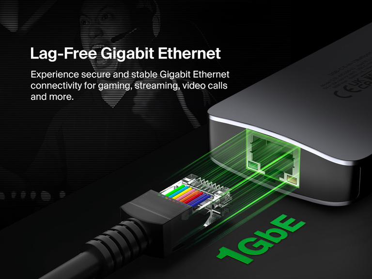 A Belkin Connect USB-C 6-in-1 Multiport Hub is shown with an Ethernet cable connecting to its Gigabit Ethernet port, emphasizing its secure and stable 1GbE connection for gaming, streaming, and video calls.