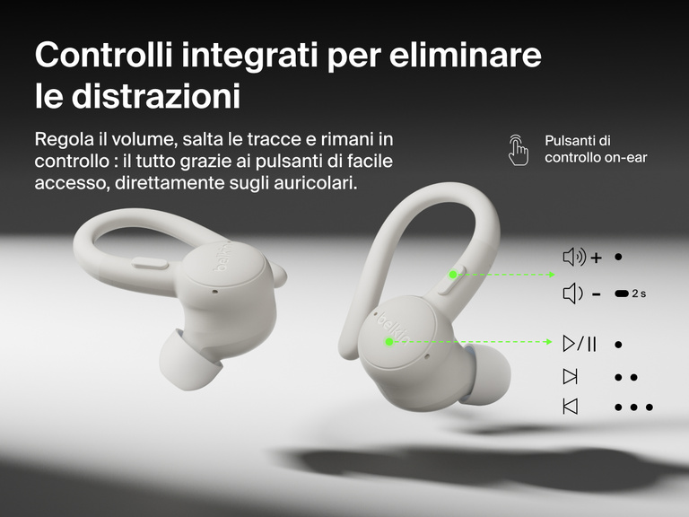 Belkin SoundForm ActiveFit Wireless Earbuds with secure ear hooks and built-in on-ear button controls for volume, track skipping, and playback.