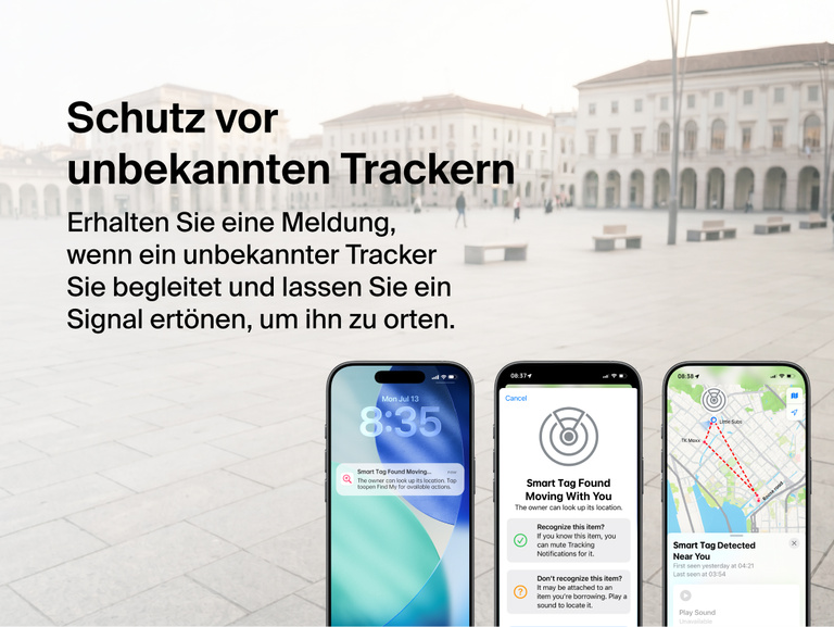 Auf Smartphone-Bildschirmen werden Signale unbekannter Tracker gezeigt, die helfen, unbekannte Trackingger&auml;te zu erkennen und zu orten, die von einer Person mitgenommen werden.