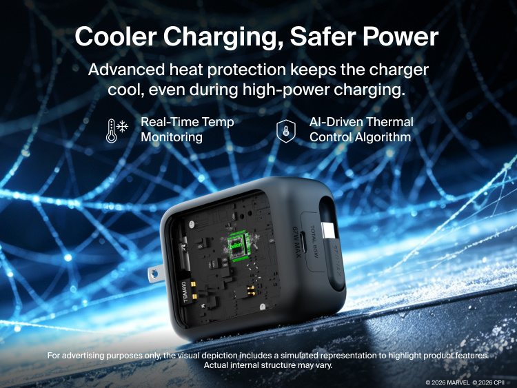 Belkin UltraCharge Retractable GaN Wall Charger 67W with built-in retractable USB-C cable featuring advanced thermal management, real-time temperature monitoring, and AI-driven cooling for safer fast charging.