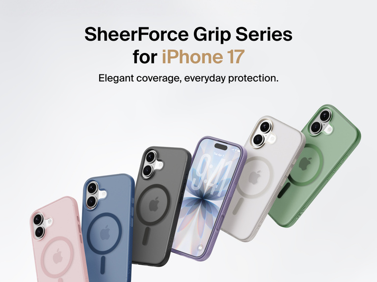 Belkin SheerForce Grip Series protective case for iPhone 17 shown in pink, clear, and black with slim design and MagSafe compatibility.