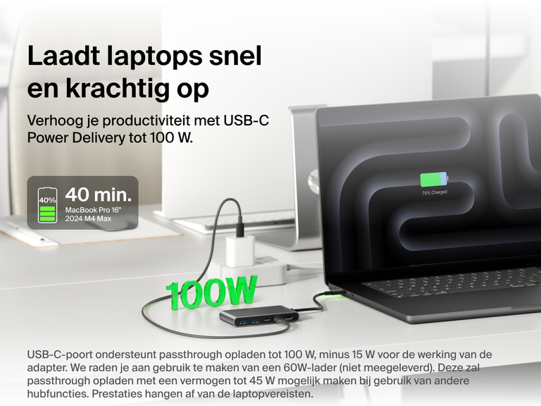 Belkin Connect 5-Port USB-C Hub with Dual USB-C Ports delivers fast laptop charging with up to 100W USB-C Power Delivery.