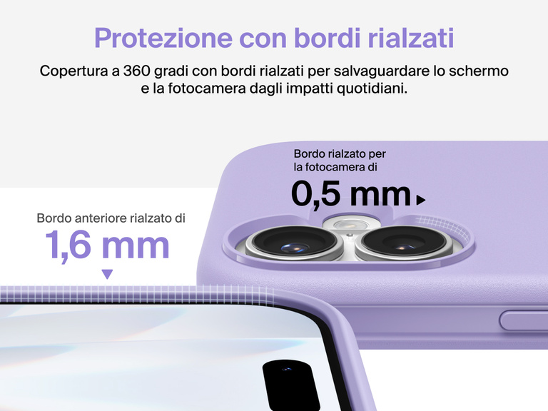 Immagine della custodia Belkin SheerForce Protect Series per iPhone 17 con design dei bordi rialzati e protezione dalle cadute di grado militare (fino a 4 metri).