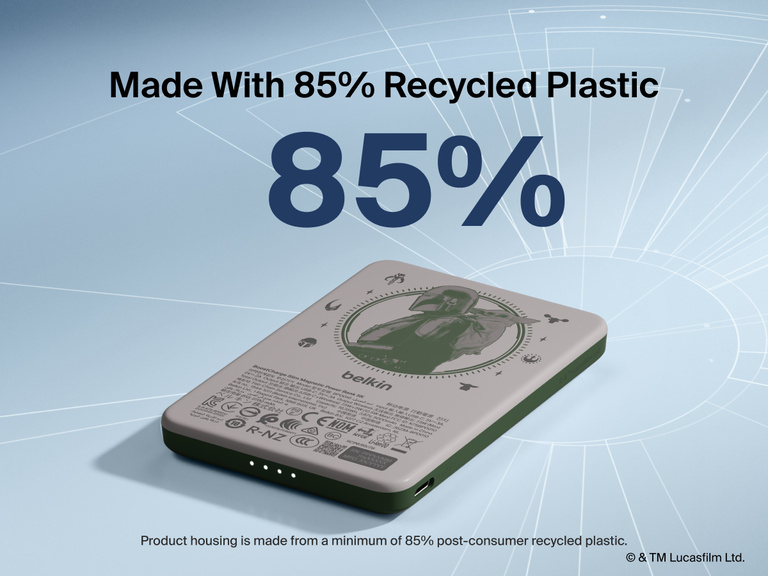 Belkin BoostCharge Slim Magnetic Power Bank 5K shown with text highlighting that its housing is made from 85% post-consumer recycled plastic for sustainable design.