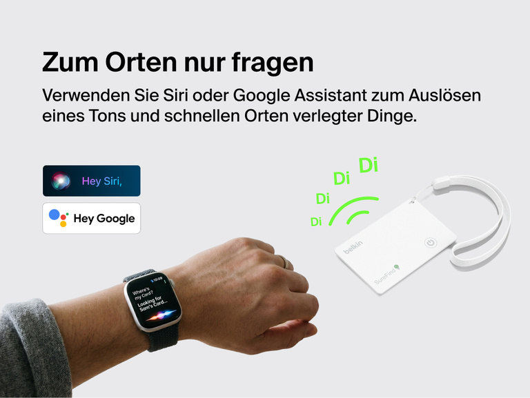 Die Belkin SureFind Karte mit Handschlaufe nutzt Siri- oder Google Assistant-Sprachbefehle, um zur Ortung verlegter Dinge einen Signalton auszul&ouml;sen.