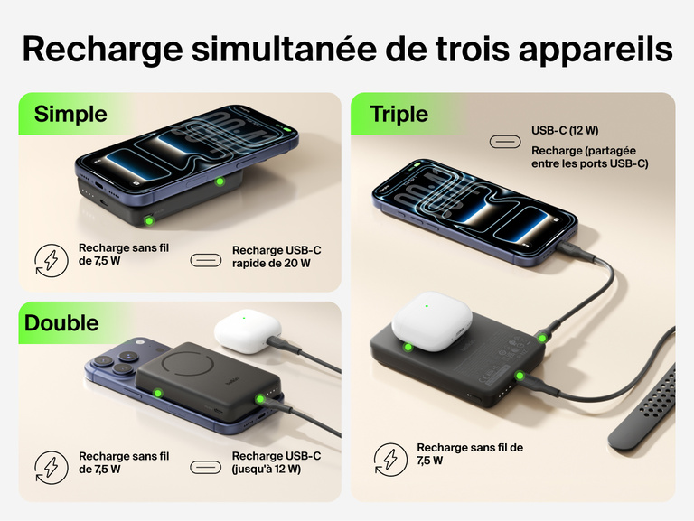Belkin BoostCharge Slim Magnetic Power Bank 10K charging iPhone, earbuds, and smartwatch simultaneously with wireless and USB-C connections across single, dual, and triple device setups