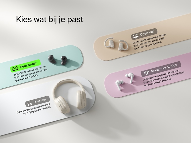 Belkin SoundForm Anywhere Wireless Earbuds shown as a semi in-ear fit option alongside open-ear, in-ear with eartips, and over-ear styles for the perfect fit.