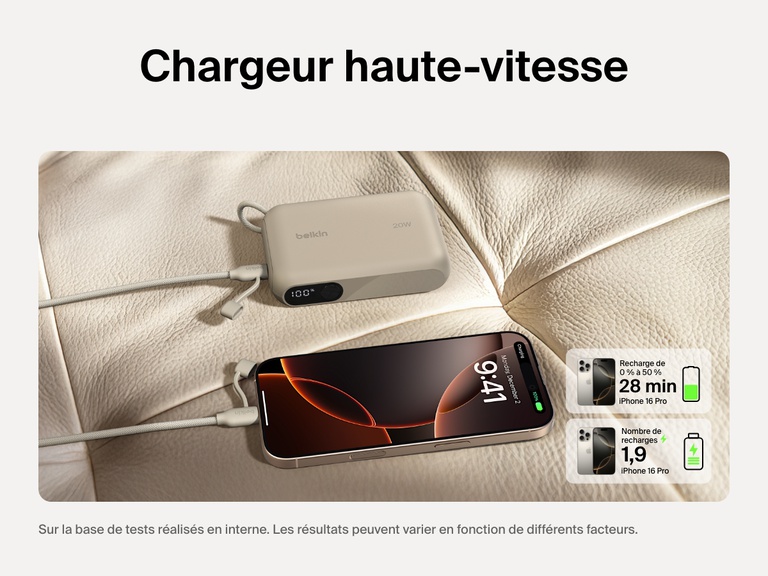 Image d'une batterie externe 10K Belkin BoostCharge avec écran intégré offrant jusqu'à 1,9 recharges complètes et une recharge rapide de 20 W à un iPhone 16 Pro dont la batterie passe de zéro à 50 % en 28 minutes.