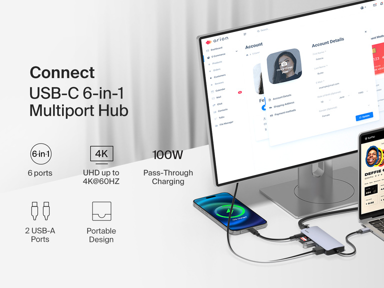 A Belkin Connect USB-C 6-in-1 Multiport Hub is connected to a laptop, external monitor, and smartphone, showcasing its six ports, including 4K HDMI, two USB-A ports, SD card reader, and 100W pass-through charging for enhanced productivity.