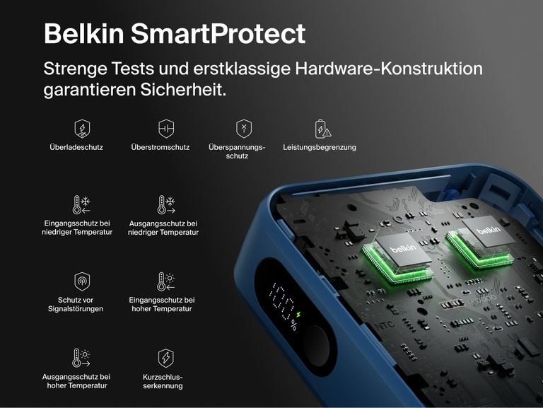 Belkin UltraCharge 10K power bank with integrated USB-C cable and digital display featuring SmartProtect safety system with multiple protection layers for reliable charging