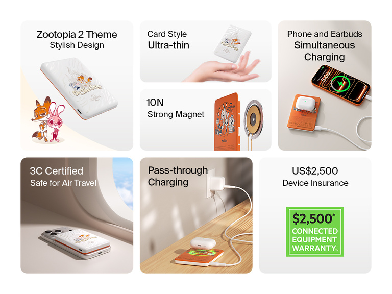 Belkin BoostCharge Slim Magnetic Power Bank 5K shown highlighting key features including secure magnetic ring, ultra-slim design, USB-C to USB-C cable, dual device charging, recycled materials, and pass-through charging capability.