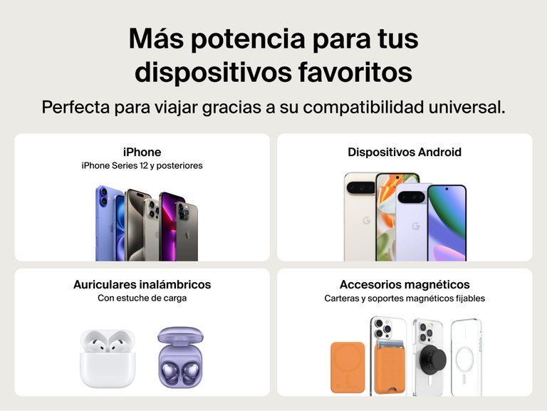 Belkin BoostCharge Slim Magnetic Power Bank 5K with Qi2 shown compatible with iPhone, AirPods, smartwatches, Android devices, and magnetic accessories for versatile travel-ready charging.