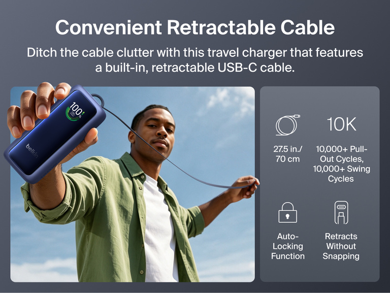 Person holding the UltraCharge Power Bank 22K with Retractable Cable outdoors with its built-in retractable USB-C cable extended, next to icons for cable length, pull-out cycles, auto-locking function, and snap-free retraction