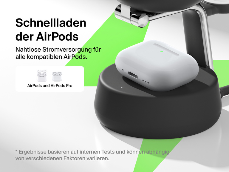 Die Belkin UltraCharge Pro magnetische 3-in-1-Ladestation mit Qi2 25W sorgt für eine schnelle, nahtlose, kabellose Lademöglichkeit für alle kompatiblen Modelle der AirPods und AirPods Pro.