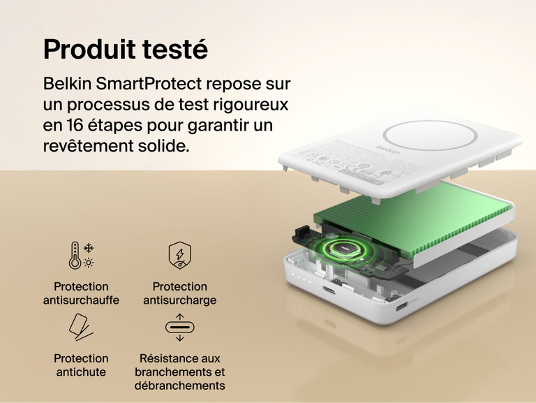 Belkin BoostCharge Slim Magnetic Power Bank 10K internal component view highlighting SmartProtect 16-point safety testing with temperature, overcharge, drop, and plug/unplug protection