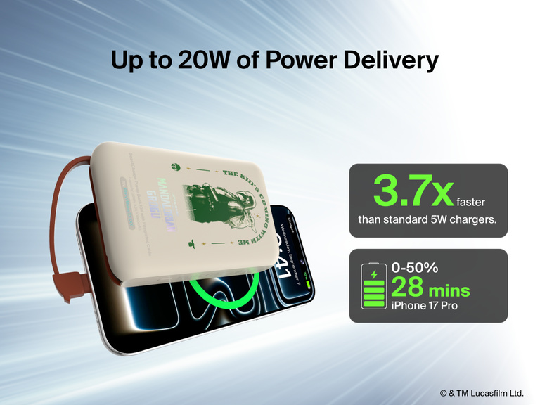 Belkin BoostCharge Power Bank 10K with Integrated Cable delivers up to 20W USB-C Power Delivery for fast charging compatible devices.