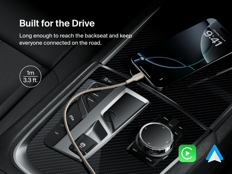 Belkin BoostCharge Pro Braided USB-C to USB-C Cable 60W in 1m (3.3ft) length shown powering a smartphone in a car, ideal for backseat reach and seamless Android Auto or Apple CarPlay connectivity.