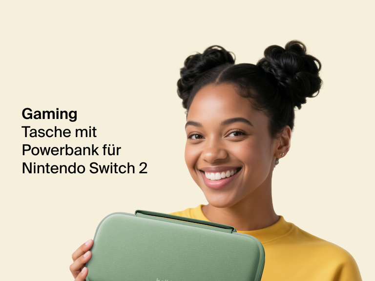 Infographic showcasing the Belkin Gaming Charging Case for Nintendo Switch 2 with features like 10,000 mAh power capacity, game card storage sleeve, USB-C cable, LCD battery indicator, mesh pocket, hidden AirTag pocket, and a durable, protective design.