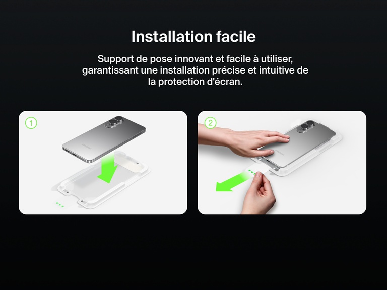 Illustration montrant le processus facile de pose de la protection d’écran ScreenForce InvisiGlass qui consiste à utiliser le support de pose fourni pour obtenir une installation précise et intuitive sur un Samsung Galaxy S25 Edge.