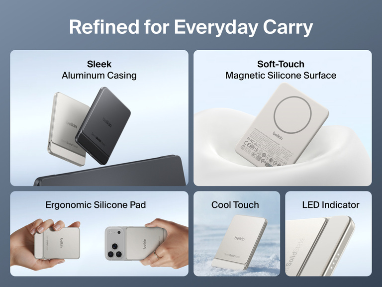 Belkin UltraCharge Pro Slim Magnetic Power Bank 5K with BoostSolid Cell highlighting aluminum casing, ergonomic silicone pad, LED indicator, cool-touch design and soft-touch magnetic surface.