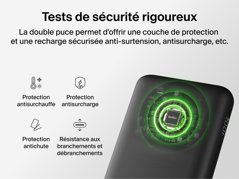 Belkin UltraCharge Pro Laptop Power Bank 25K featuring dual-chip safety protection with safeguards against overvoltage, overcurrent, temperature and drop impact