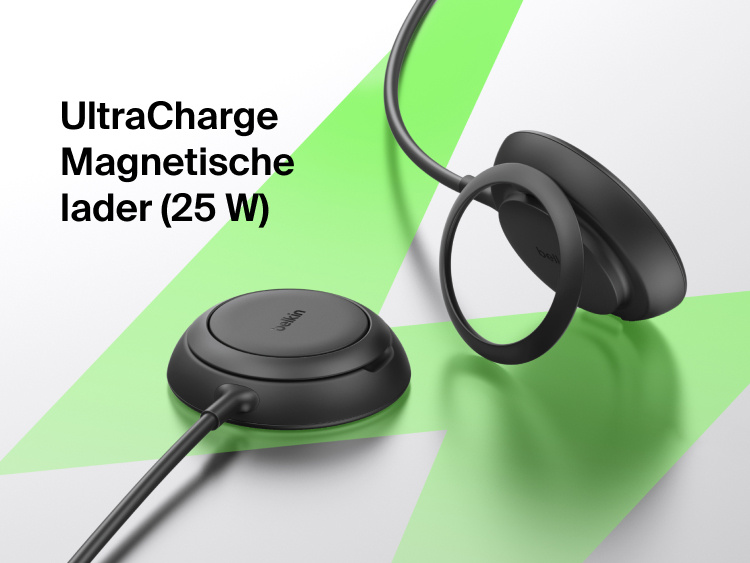 Belkin UltraCharge magnetische lader met Qi2 25W, afgebeeld als een slank magnetisch laadstation met een standaard, dat is ontworpen om apparaten snel en veilig draadloos op te laden.