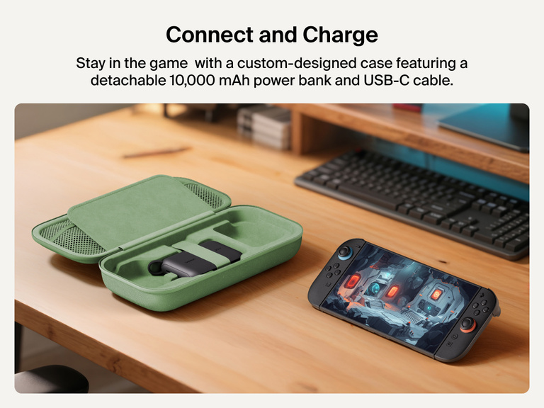 Belkin Gaming Charging Case for Nintendo Switch 2 displayed open with detachable 10,000 mAh power bank and USB-C cable, next to a Switch 2 console in use on a desk.