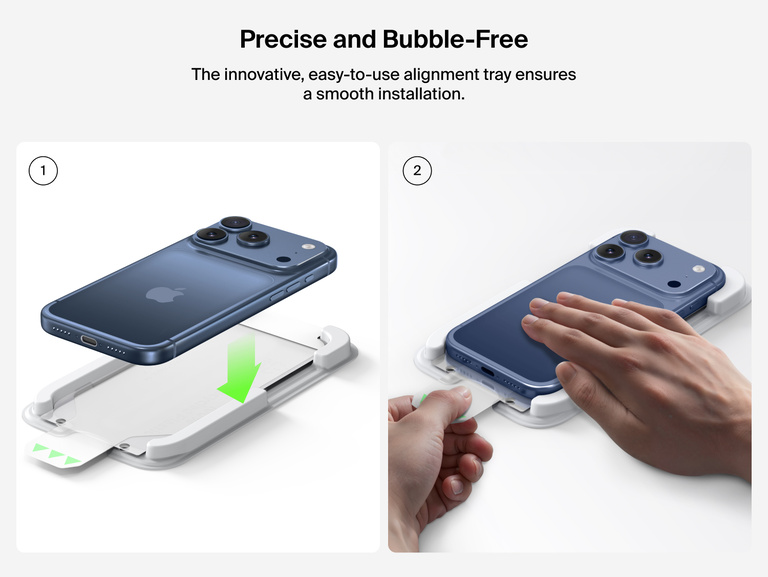 Belkin ScreenForce TemperedGlass Screen Protector with precise, bubble-free installation using an easy-to-use alignment tray for flawless iPhone protection.